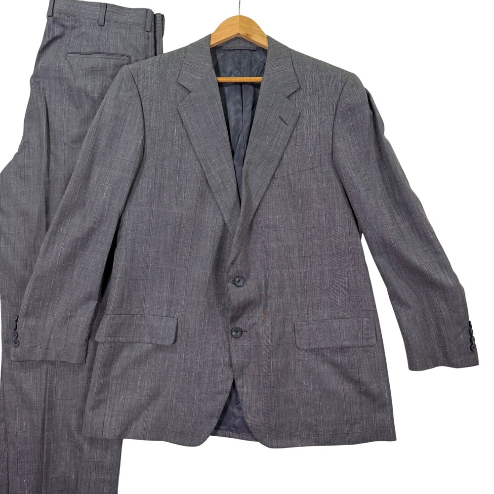 Vintage Hickey Freeman Mens 42R Bespoke Suit Gray Plaid Wool Silk Pants 36x30